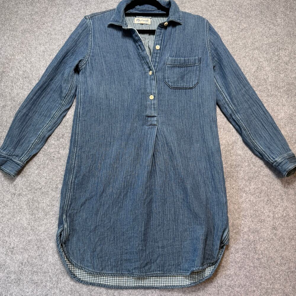 Madewell Denim Popover Shirt Dress XS Blue Chambray Long Sleeve 100% Cotton